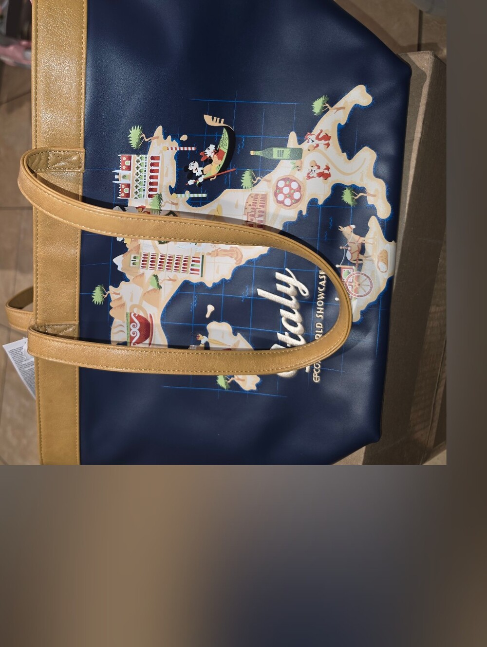 Disney Epcot Italy Map Print Tote Bag in Navy and Tan